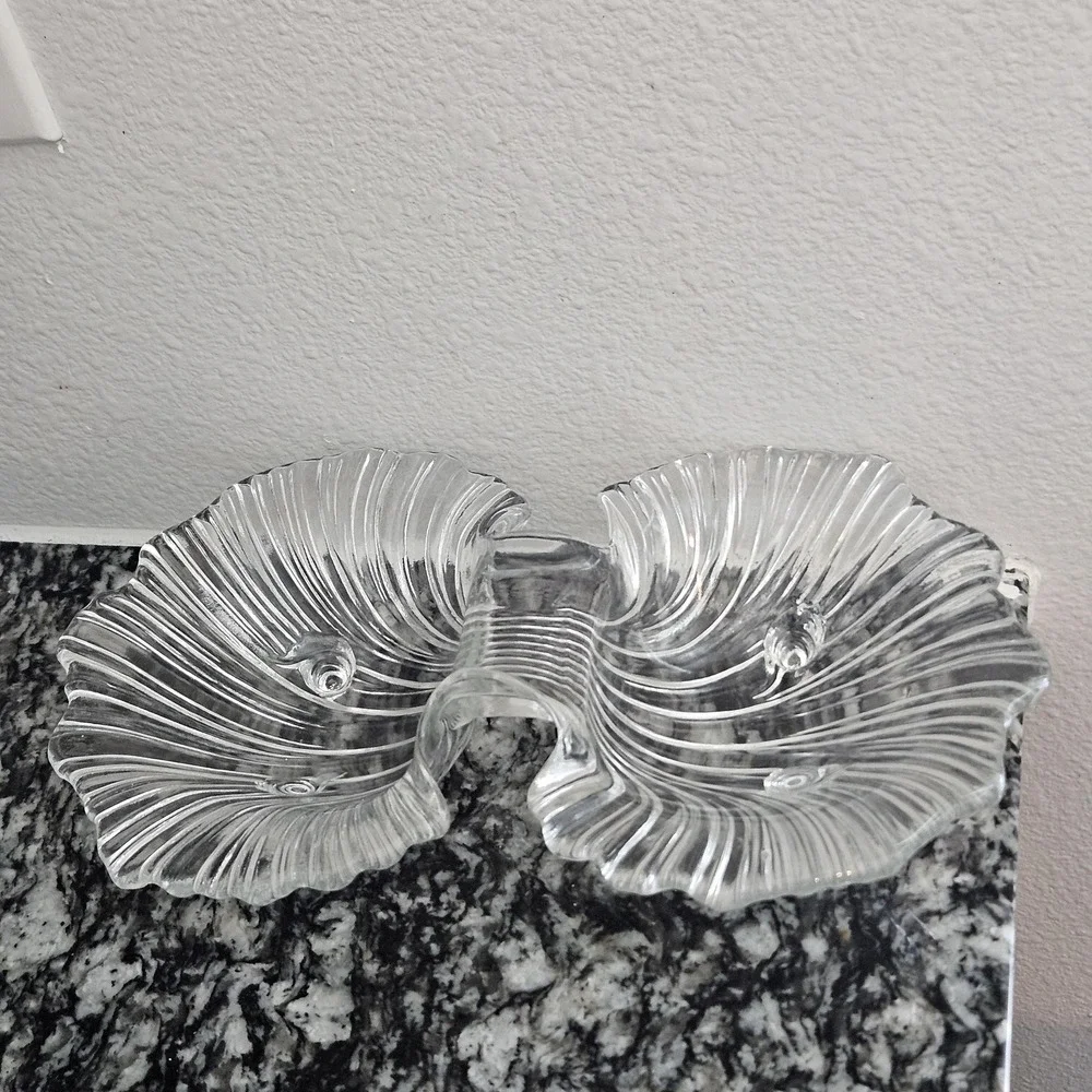 shell shape clear glass‎ Seascape Florida pattern two-part footed serving dish